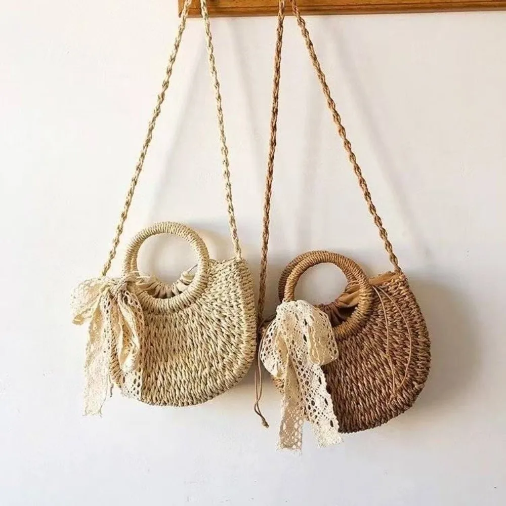 

Casual Woven Straw Bag Lace Bow Drawstring Rattan Bag Hollow Out Shoulder Bag Gifts