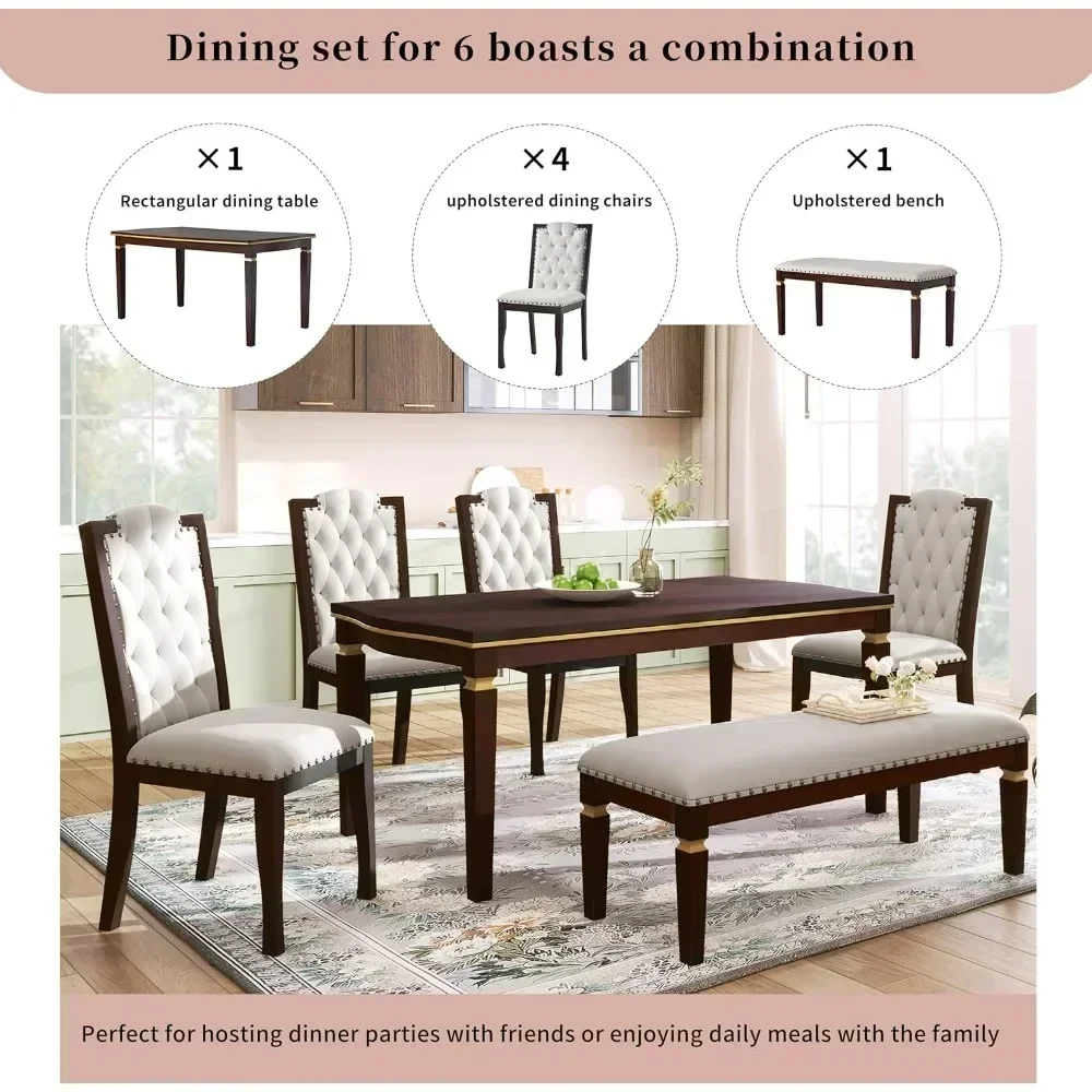 6 Piece Dining Table Set with Bench, 60