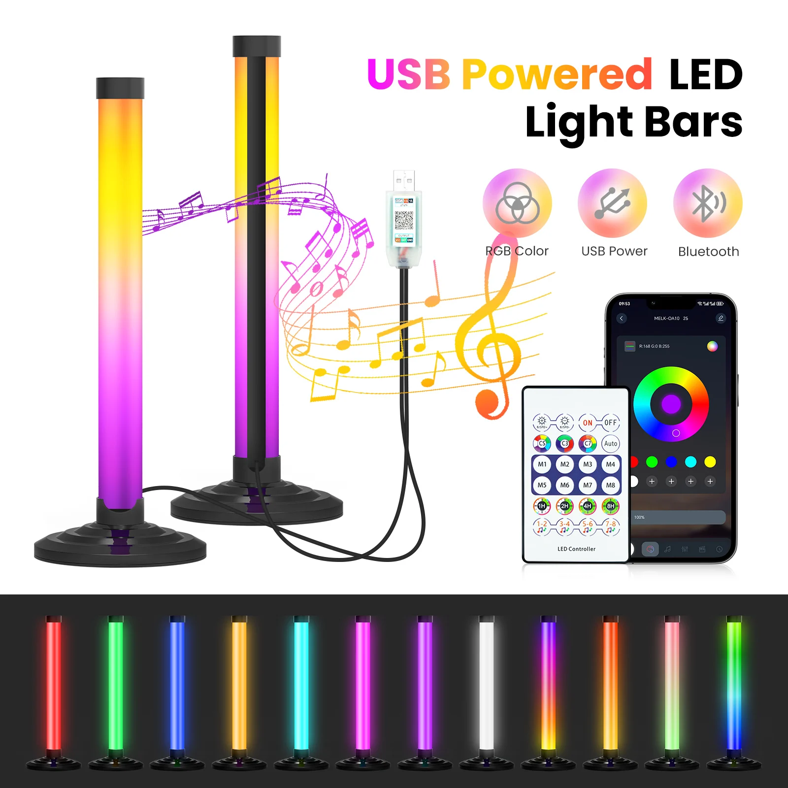 

1 пара WS2812B RGB ритм-светильник 5 В USB Smart Light Bars Игровая лампа с дистанционным управлением через приложение Bluetooth Синхронизация музыки Подсветка