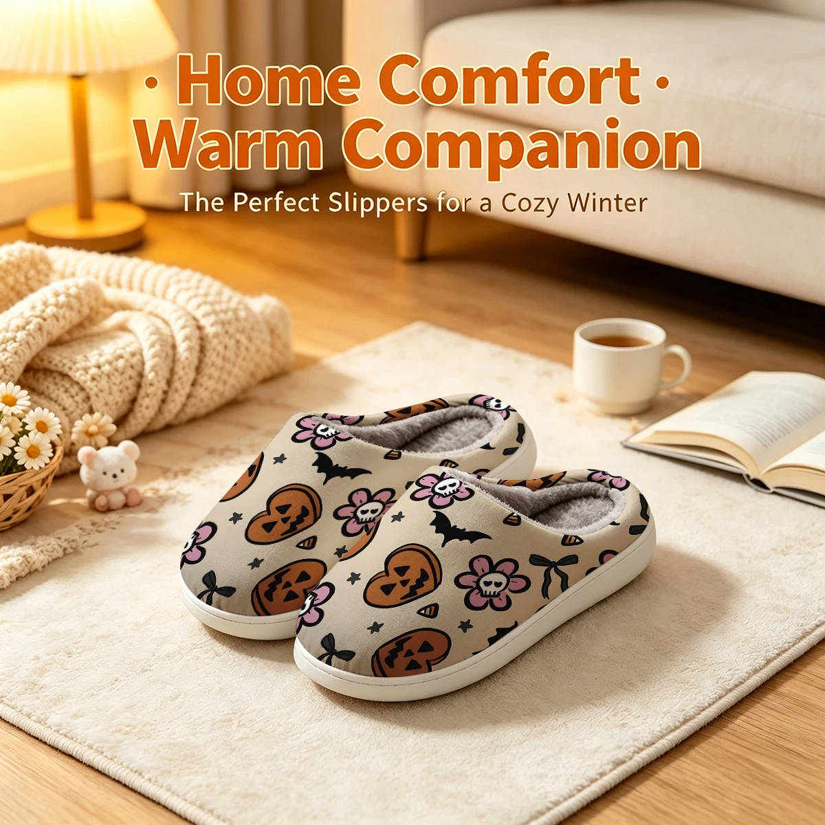 Halloween Hearts Christmas White Slippers Warm Plush Indoor Shoes Non-Slip Winter Slippers Family Holiday Gifts Soft view 3