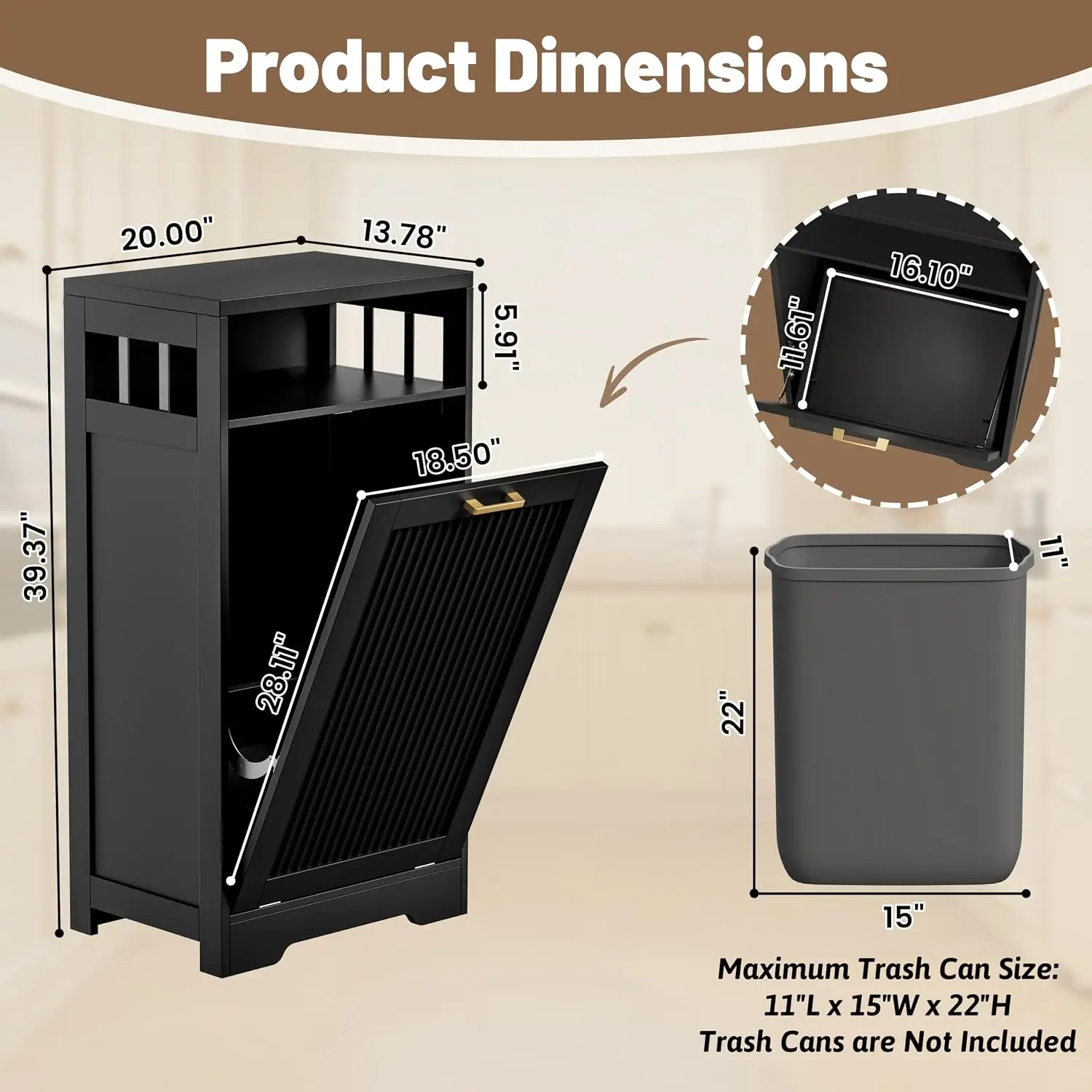 13 Gallon Tilt Out Trash Can Cabinet with Open Shelf & Storage - Pet Proof Hidden Recycling Cabinet & Wooden Laundry Hamper