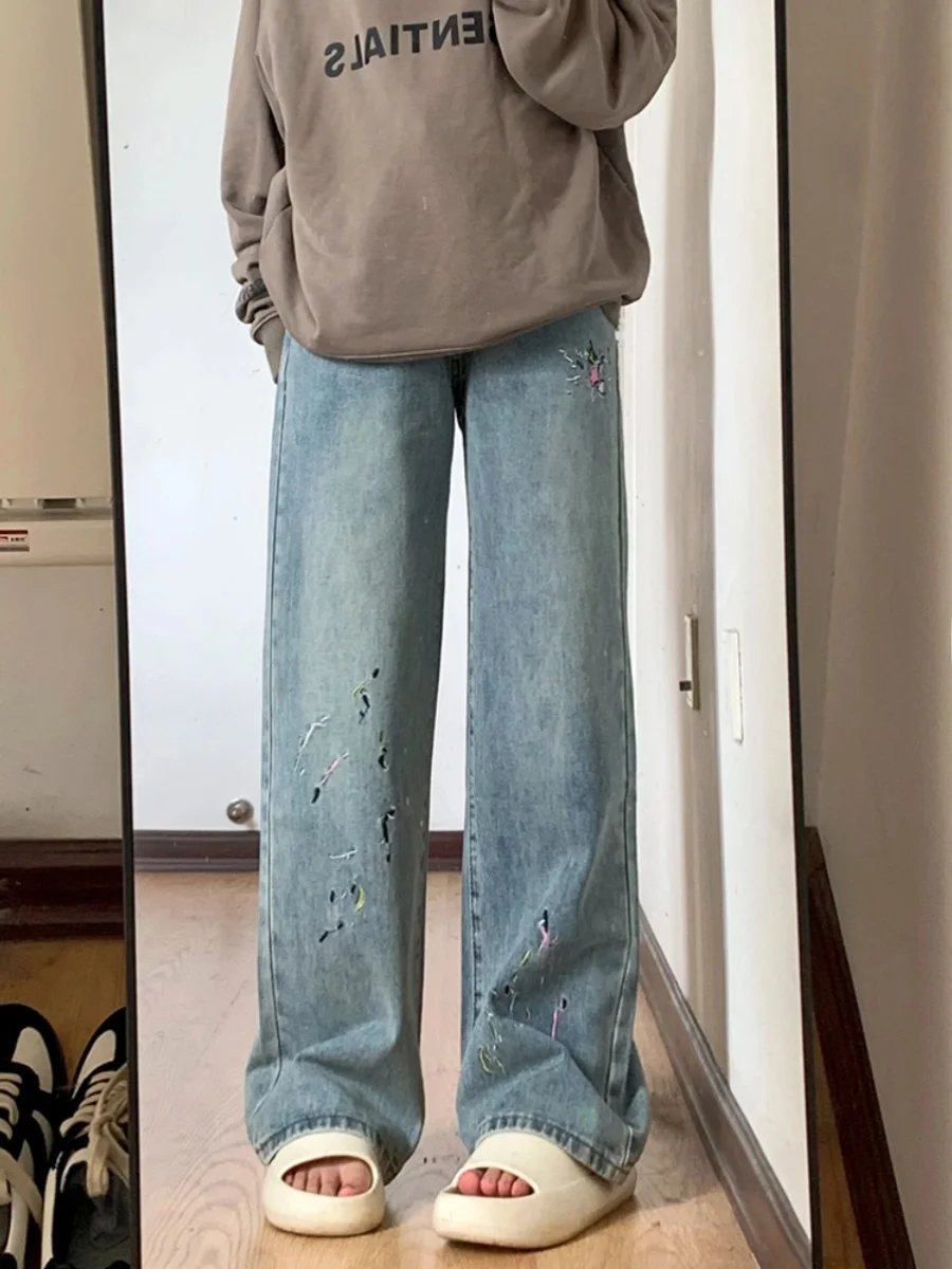 

plus Size American Embroidered Straight Leg Jeans Women's Spring Autumn New Slimming Hip Covering Wide Leg Straight Pants