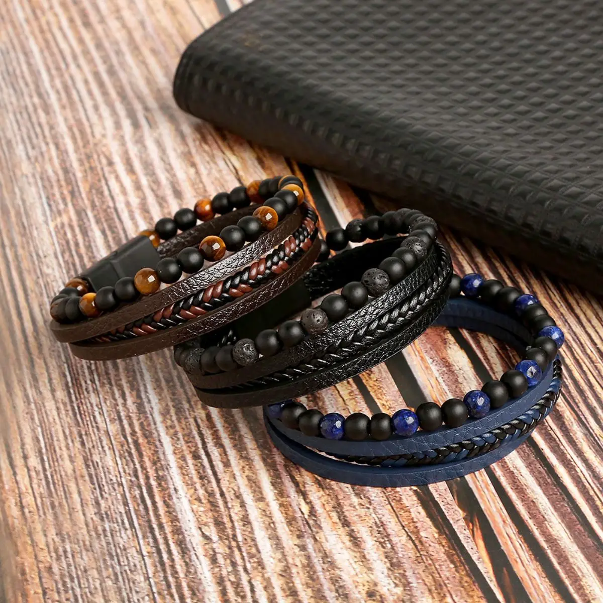 3 Style Fashion Layered Handmade Braided Leather Bracelet,Tiger Eyestone Beaded Bracelet, Characteristic Punk Bracelet