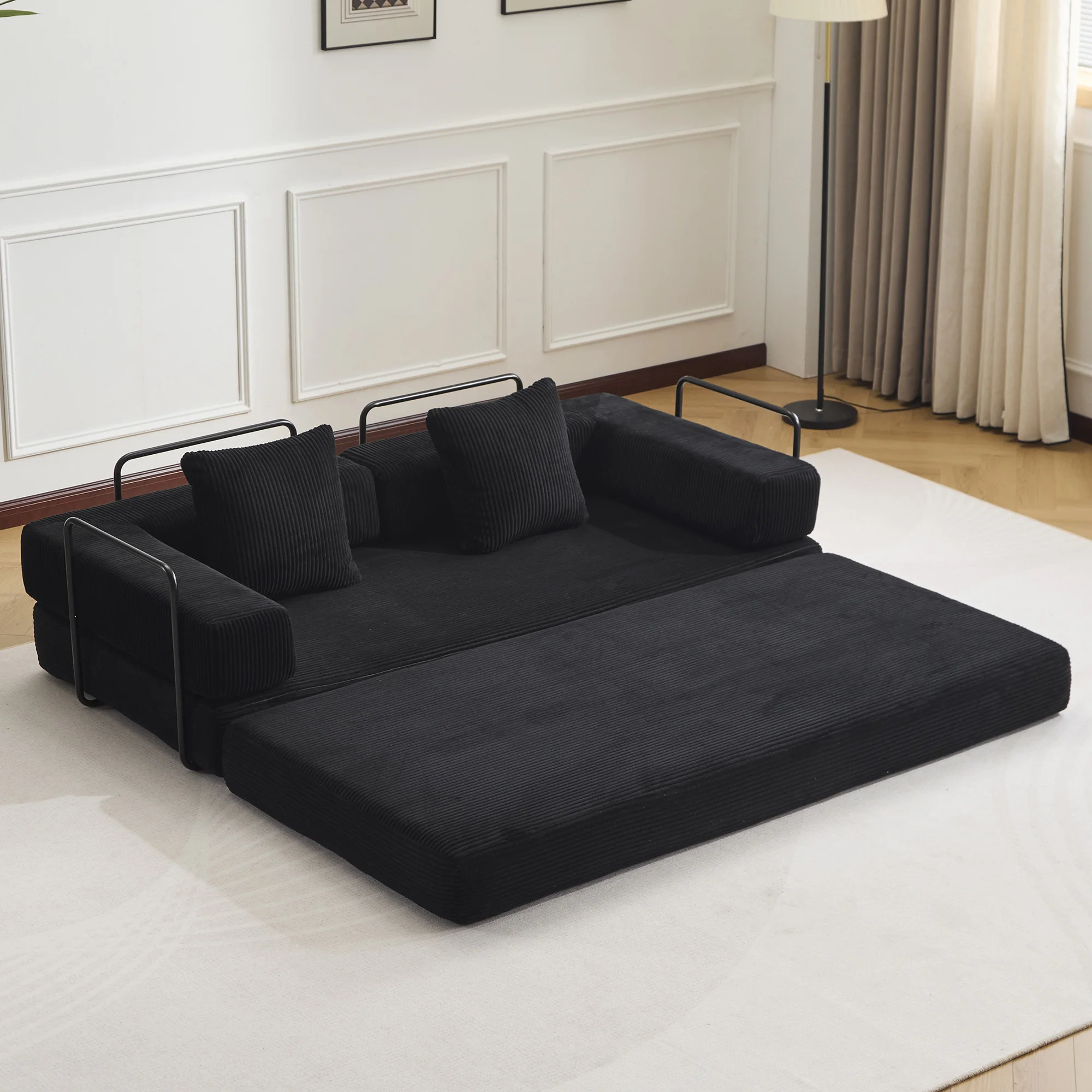 Cord-Kompressionssofa, Schwarz, 3-in-1, Keine Montage Nötig, Faltbares Bodensofa, Weiches Zweisitzer-Sofa für Wohnzimmer, Schlafzimmer