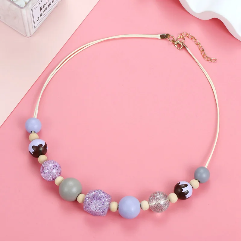 Retro Handmade Beaded Necklace Women's Acrylic Gold Powder Octagonal Bead Painted Wood Bead Pendant Necklace Ethnic Style Jewelr