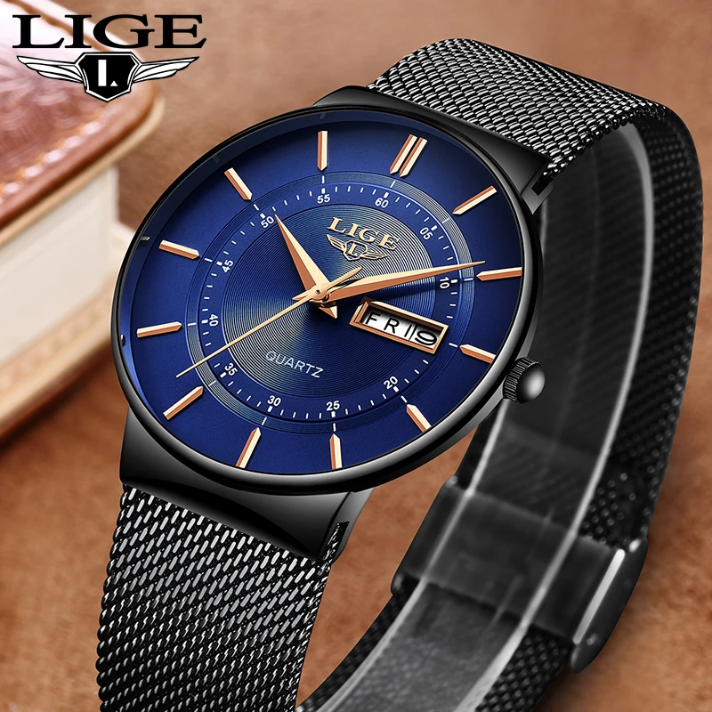 

LIGE Ultra Thin Fashion Luxury Man Watch Mesh Belt Casual Calendar Quartz Watches for Men Sport Waterproof Clock Male Wristwatch