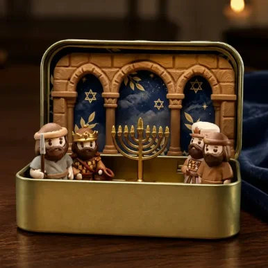 3D Tabletop Decor Miniature Holiday Scene Set Mini Hanukkah Menorah Diorama Tin Box Christmas Manger Combination Exquisite Gift