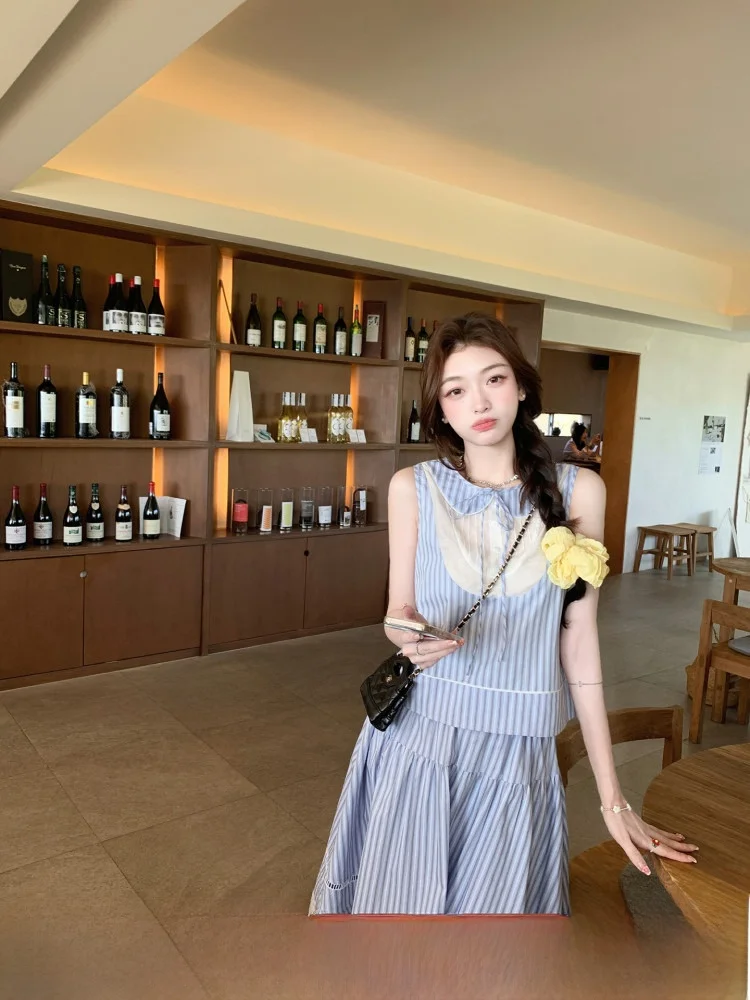 

Комплект ThePeachOfficial: кукольный воротник, юбка с завышенной талией, милая юбка-миди А-силуэта из смесового полиэстера и хлопка