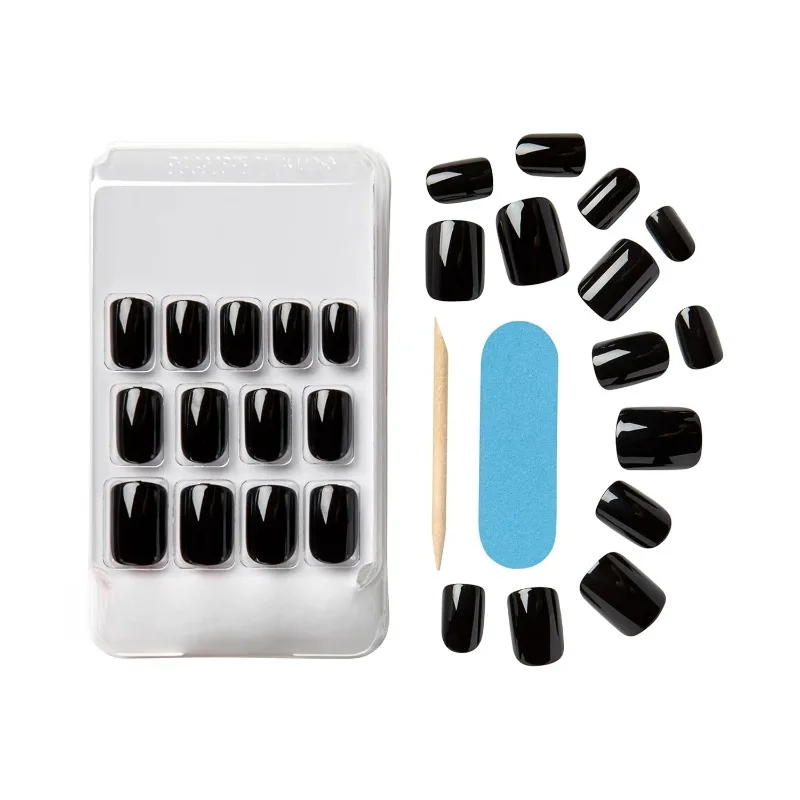 طقم مانيكير قصير أسود نقي على الأظافر 24 قطعة مع علامات تبويب غراء هدية للنساء طقم أظافر للعمل اليومي يدوم طويلاً #4
