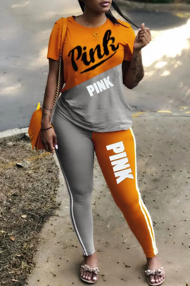 2022 New PINK Letter Print Sweatsuit Women Suit Short Sleeve Tops Skinny Pant Two Piece Tracksuit Summer Casual 2 PCS Set