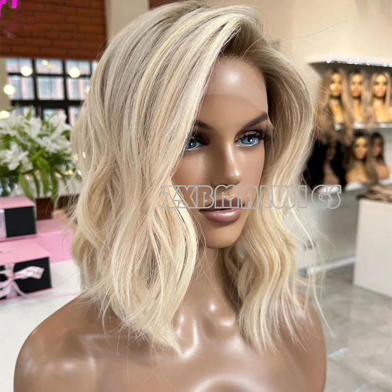 Short Bob Body Wave Glueless Ombre Blonde Side Part  Lace Wigs Synthetic Hair Slight Wavy Fiber Wigs Glueless13x3 Lace Front Wig