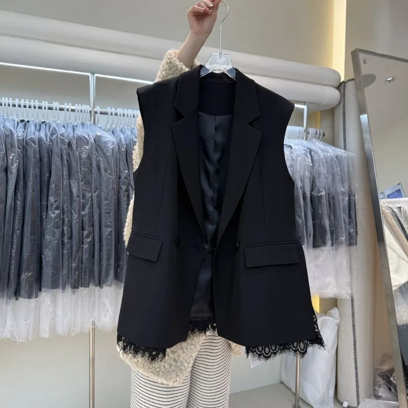 

European High-end Sleeveless Suit Vest Women's Spring New Fashion Hemline Lace Elegant Waistcoat, Fashionable and Individual