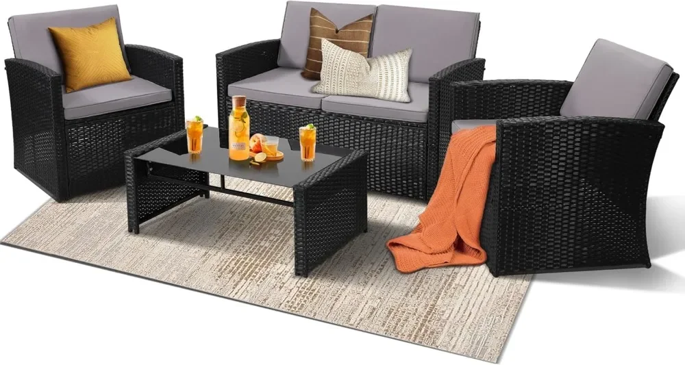 

4 Pieces Patio Conversation Set, Outside Rattan Sectional Sofa, Cushioned Furniture Set, Wicker Sofa Ideal for Garden, Porch,