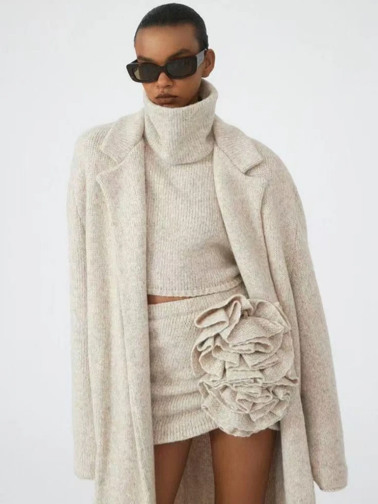 

Women Knitted Three Piece Set Winter Sexy Long Sweater Coat + Turtleneck Sleeveless Top + Flower Mini Skirts Suits Party Evening