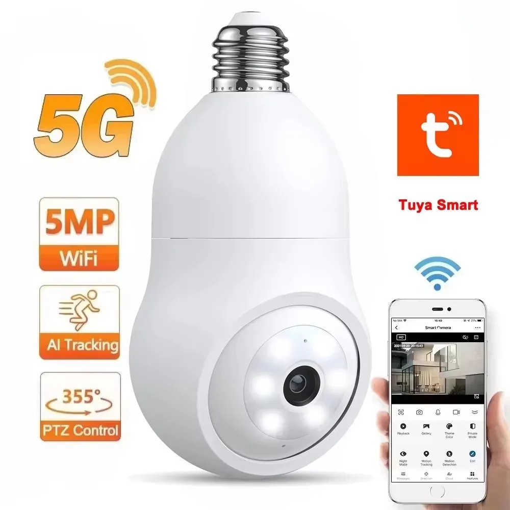 Tuya 5G WiFi Lampadina Telecamera 5MP 3MP Sicurezza interna Audio bidirezionale Monitoraggio automatico Visione notturna colorata umana Base E27