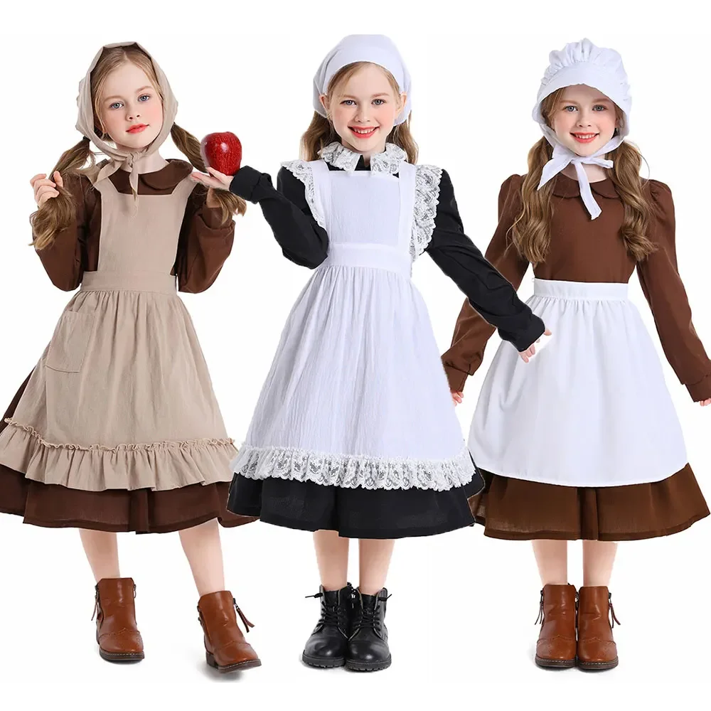 Kids Halloween Maid Dress Pilgrim Vintage Victorian Poor Colonial Farm Village Girl Cosplay Costume Colonial Orphan Outfits