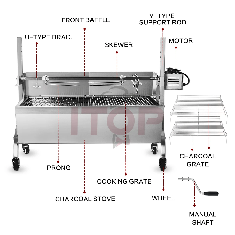 Outdoor stainless steel hog lamb charcoal barbeque bbq rotisserie spit roaster with 40kg electric motor grill