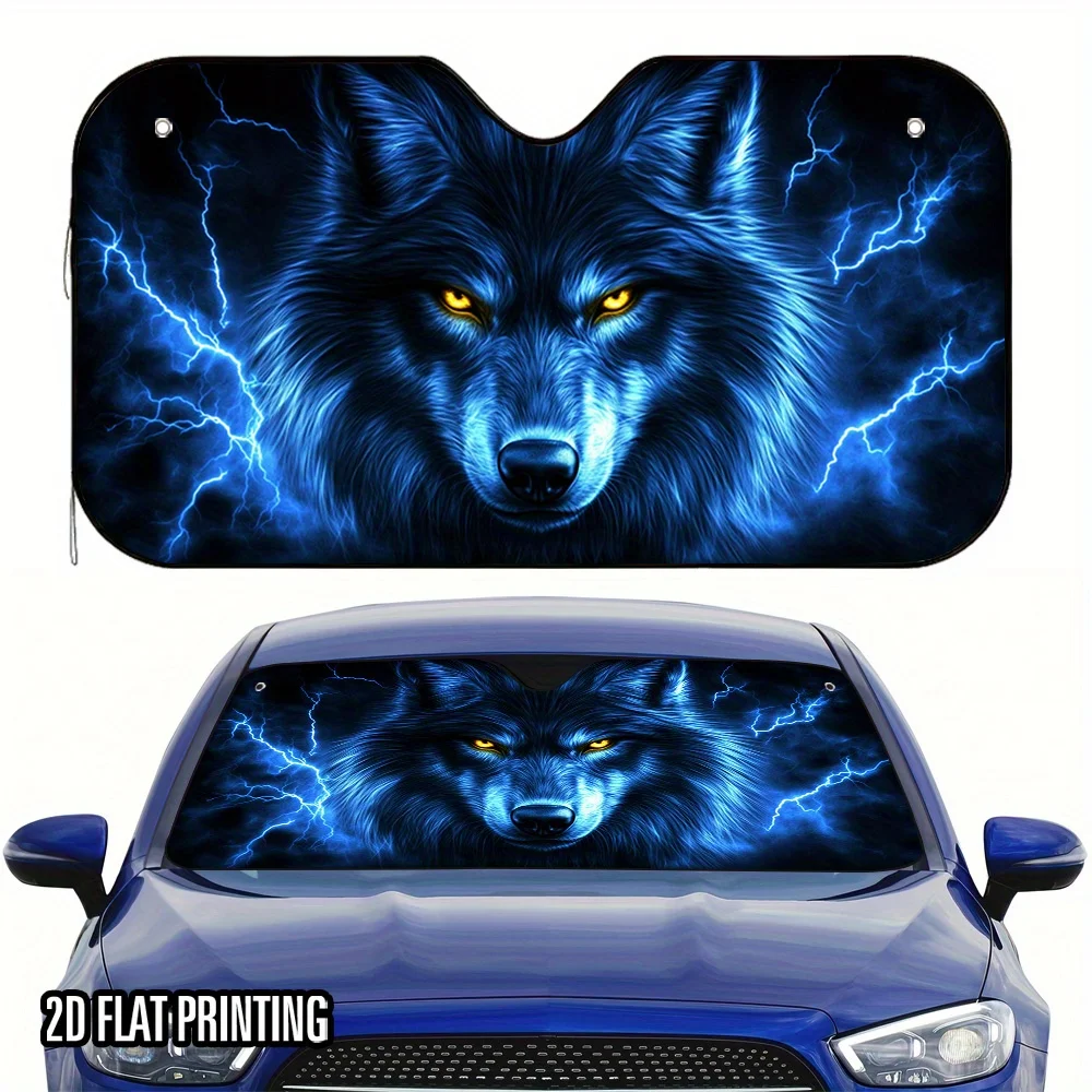 

1pc 2D Flat Thunder Blue Wolf Design Car Sunshade – High-Quality Print, Foldable & Easy To Install, Keeps Car Cool, 4 Suction Cu