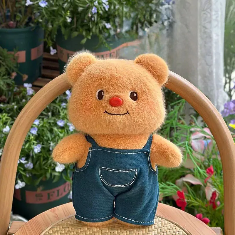 

Cute Kawaii Bear Plush Toy with Denim Overalls and Blue Checkered Outfit Soft Stuffed Doll Gift for Kids and Girls Firends