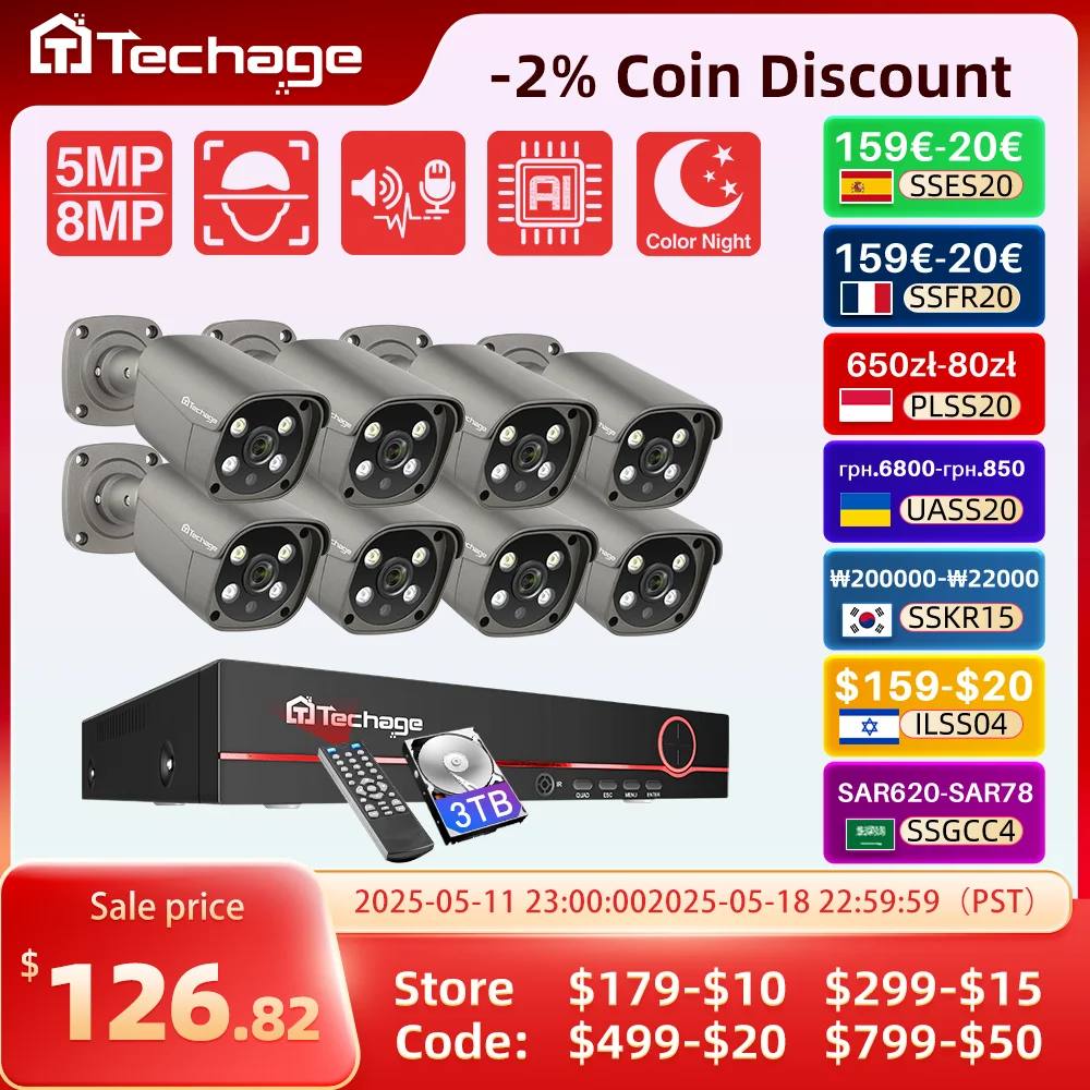 Techage 8CH 8MP 5MP 4K POE Camera System Two Way Audio Colorful Night Smart AI Face Detection CCTV Video Surveillance Clearance