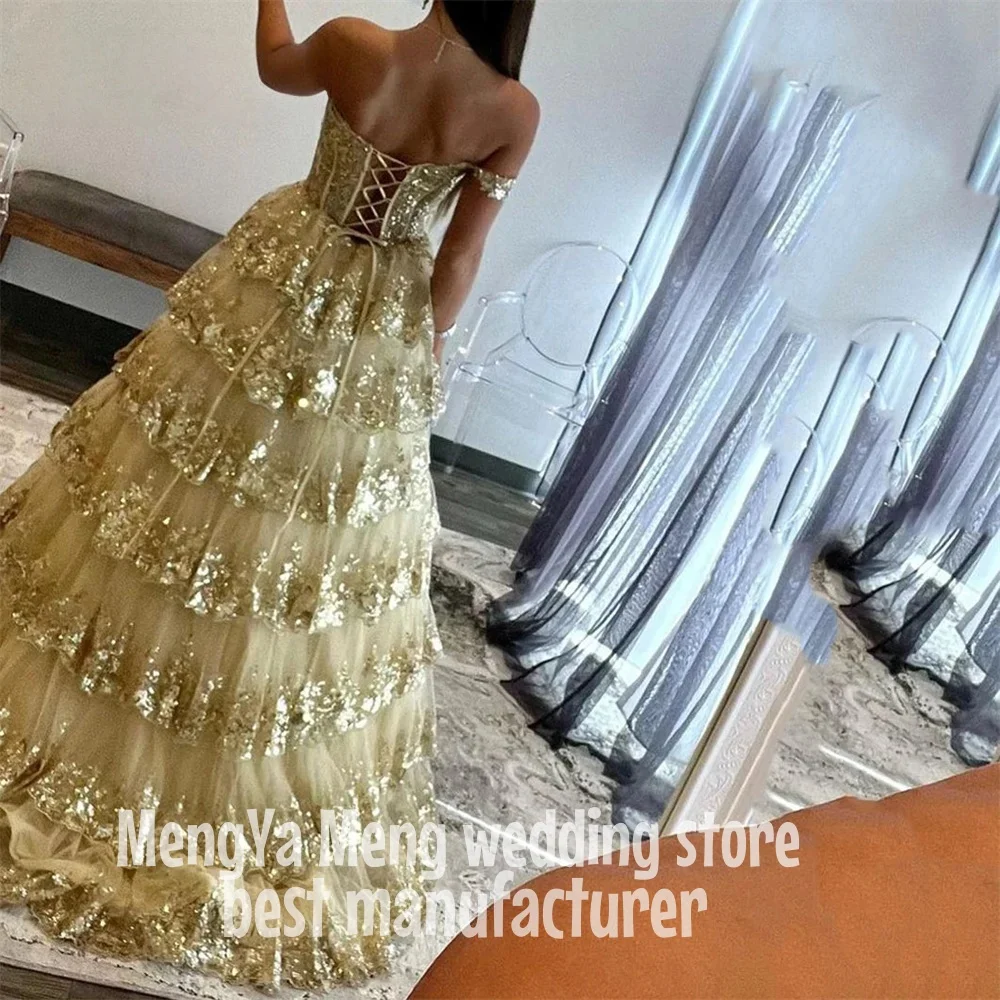 Zhuishu inchado ouro vestido de noite fora do ombro vestidos de noche querida em camadas vestido de baile apliques vestido de festa personalizado