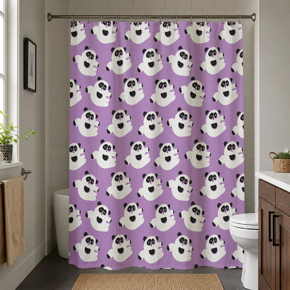 Cute Panda Face Shower Curtain Purple Waterproof Bathroom Decor Liner Funny Cartoon Shower Curtain for Home