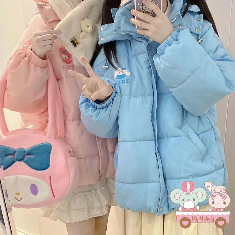 Kawaii Padded Jacket My Melody Kuromi Cinnamoroll Cartoon Embroidery Quilted Coat Autumn and Winter Warm Coats Friend Gift