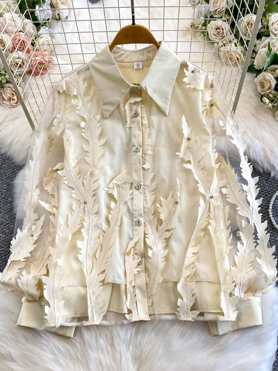 Ele diamant embelli ample femmes irt doux Sle Long Sve col rabat Design haut en filet pour l'automne hiver