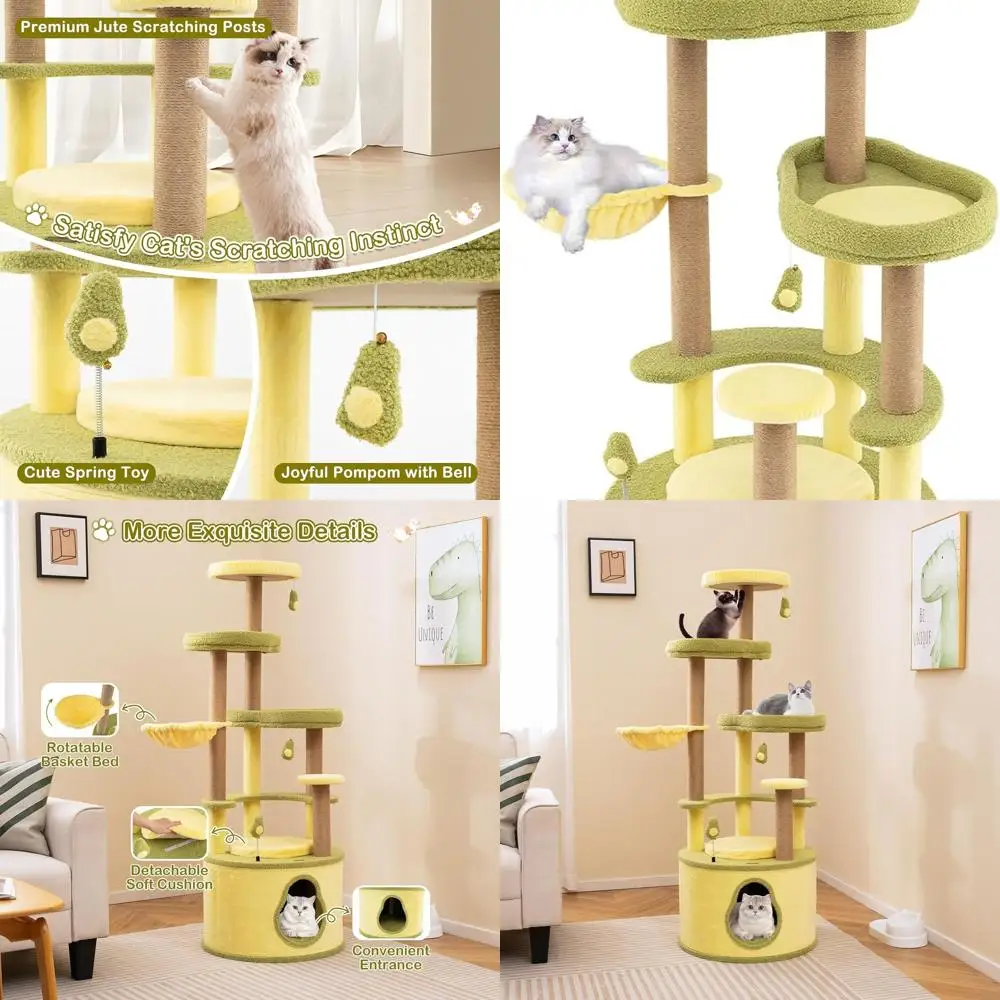 

Avocado-Inspired 62.5 Cat Tower with Multi-Level Perches, Jute Scratching, Toys, and Removable Cushions