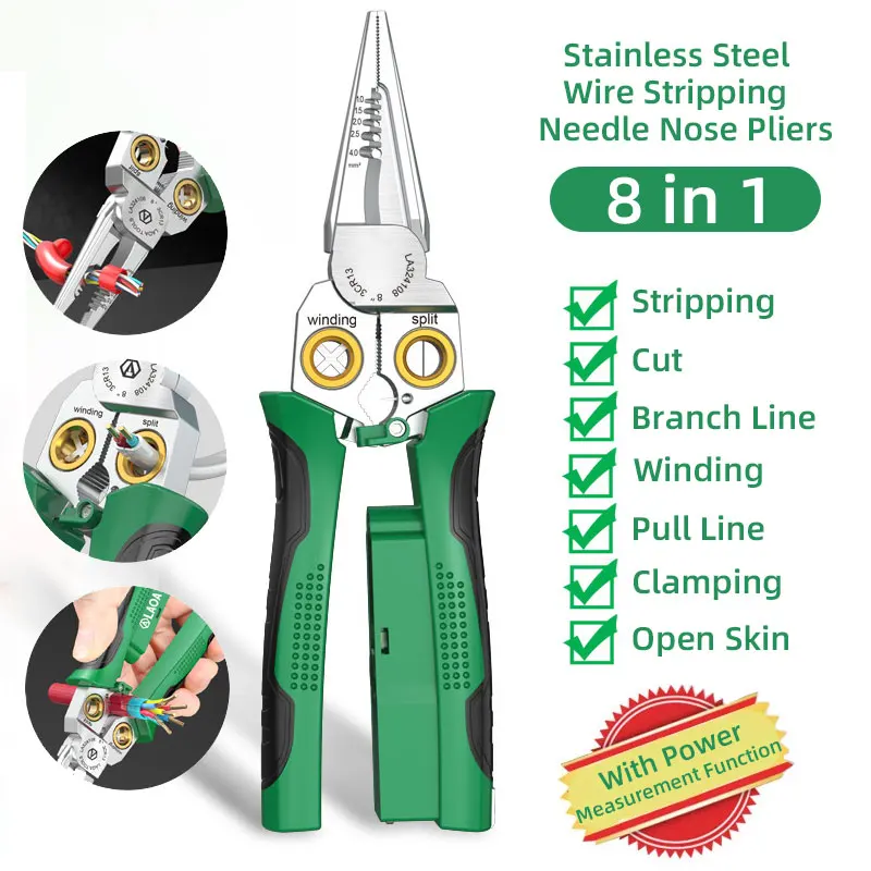 

1PCS Electrician's pliers,multi-function wire stripper,8-in-1 stainless steel needle-nose pliers with electrical measurement