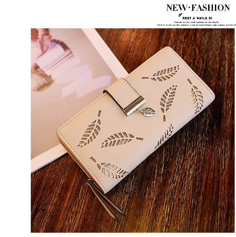 Damen-Geldbörse aus PU-Leder, lange Geldbörse mit goldenem Hohlblattmuster, Clutch-Geldbörse, multifunktionaler Kartenhalter, Münzfach für Damen – Detail 5