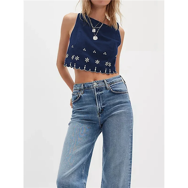 

FX-Women's Crew Neck Sleeveless Rippled Contrasting Colors Hem Trim Embroidery Blouse Tops