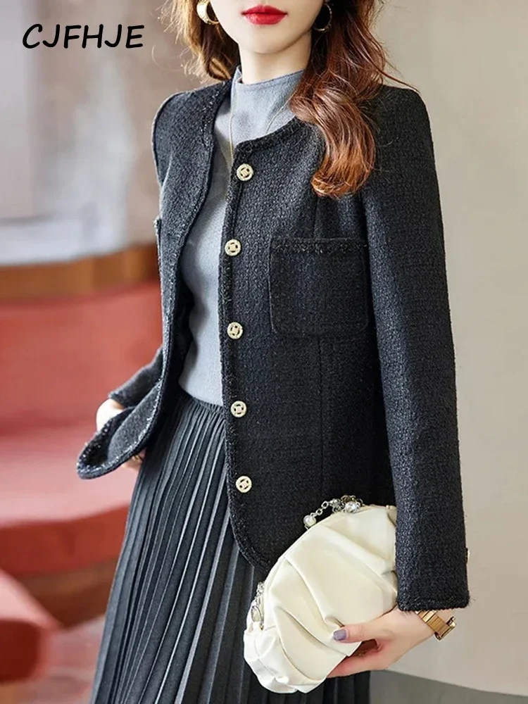 CJFHJE Ivory Fashion Metal Buttons Tweed Coats Women Vintage Long Sleeve Pockets Female Outerwear Black O-neck Elegant Blazers