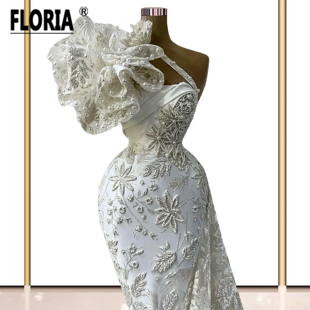 Luxo Dubai Muçulmano Vestido De Noiva Pérolas Um Ombro Vestido De Noiva Vestido De Noiva Frisado Lace Apliques Sereia Mulher Robe de Mariee