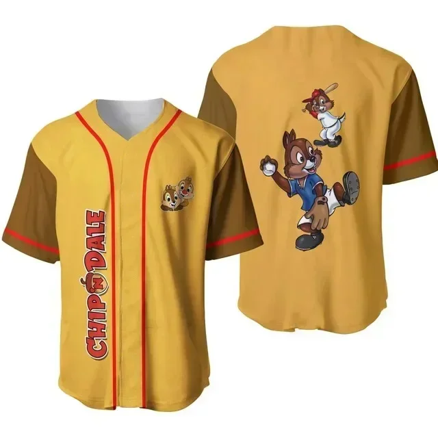 Summer Chip and Dale Striped Brown Baseball Jersey Disney Baseball Jersey Pattern T Shirt Adults Kids Fashion Short Sleeve Top