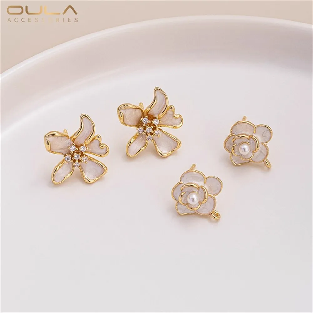 

14K Gold-plated Oil Painting Camellia with Pendant Rings Flower-shaped Ear Studs, Diy Handmade Earrings Accessories Materials