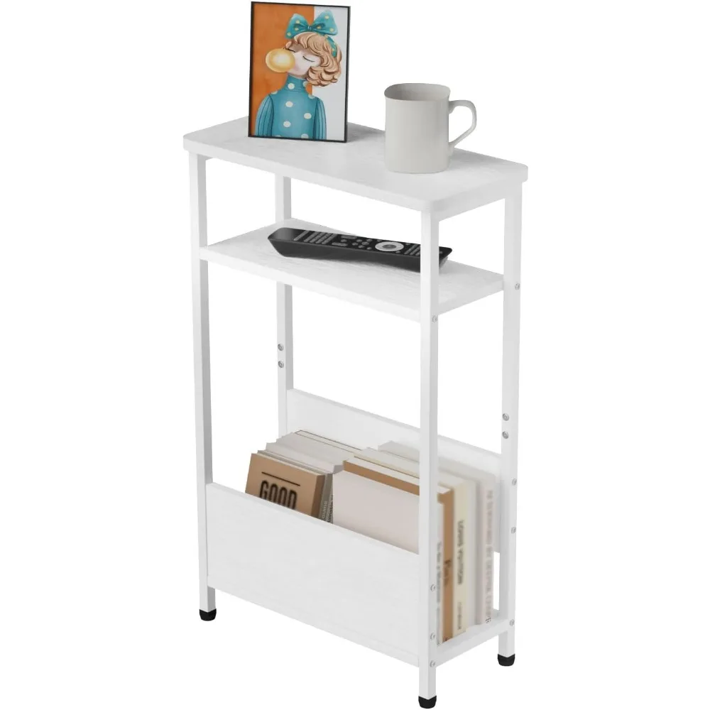 

7.1" Narrow Side Table for Small Spaces, 3 Tier Small End Table with Magazine Holder, Slim/Skinny Nightstand/Bedside Table