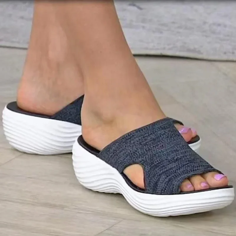 Mulher dedo do pé aberto chinelos casuais respirável ao ar livre praia plataforma sandálias plus size cor sólida cunhas sapatos sandalias