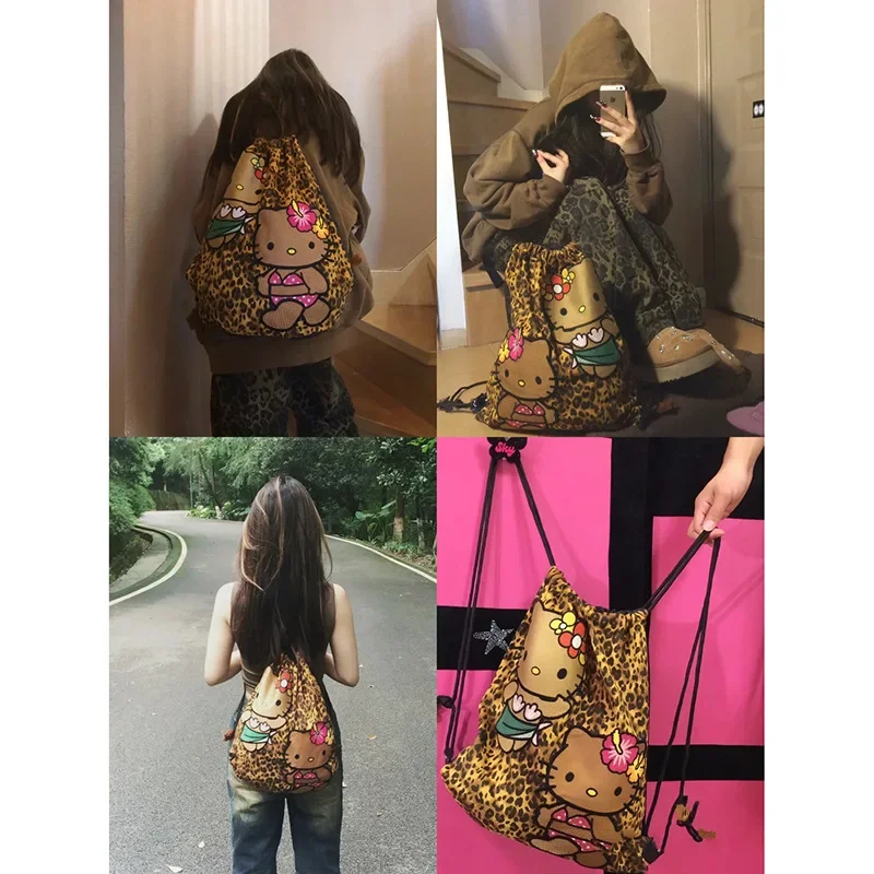 Cartoon Backpack 2024 New American Retro Large Capacity Drawstring Leopard Backpack Travel Versatile Casual Girl Gift HelloKitty