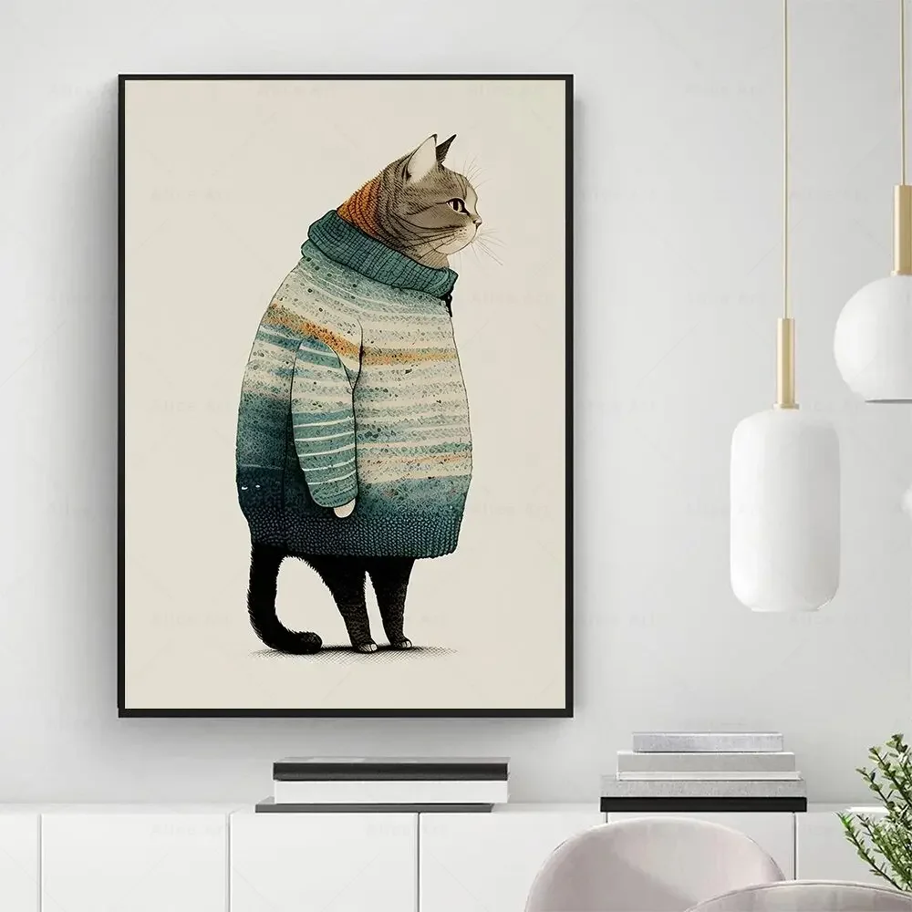 Vintage Fat Gray Cat in Sweater Poster Modern Cute Trendy Fu