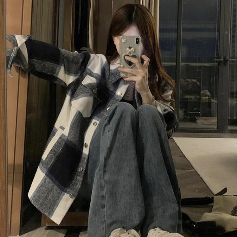 Shirts Women Thick Brushed Plaid Cozy Baggy Tops Fashion Streetwear Vintage Lapel Camisa All-match Personality Ins Autumn Winter