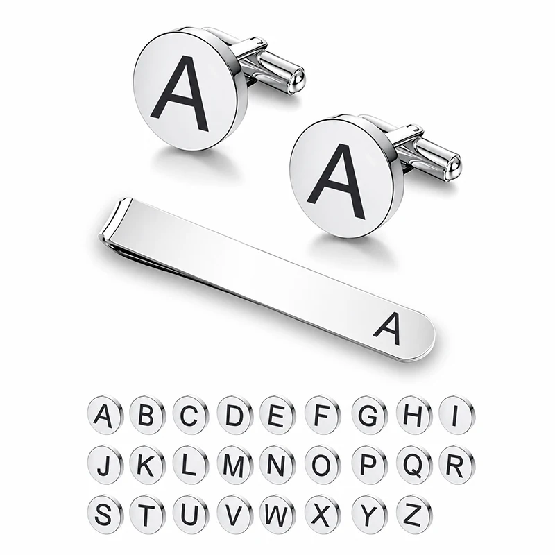 Classic Men Letter Cufflinks Tie Clip Set A-Z Initial Stainless Steel Wedding Business Jewelry Gifts Accessories