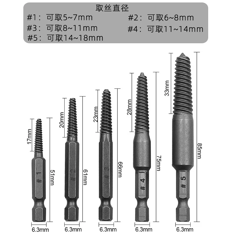Herramienta extractora de tornillos hexagonales de 5 piezas, juego de guía de broca, Extractor de tornillos dañados y rotos, herramienta eléctrica de fácil extracción