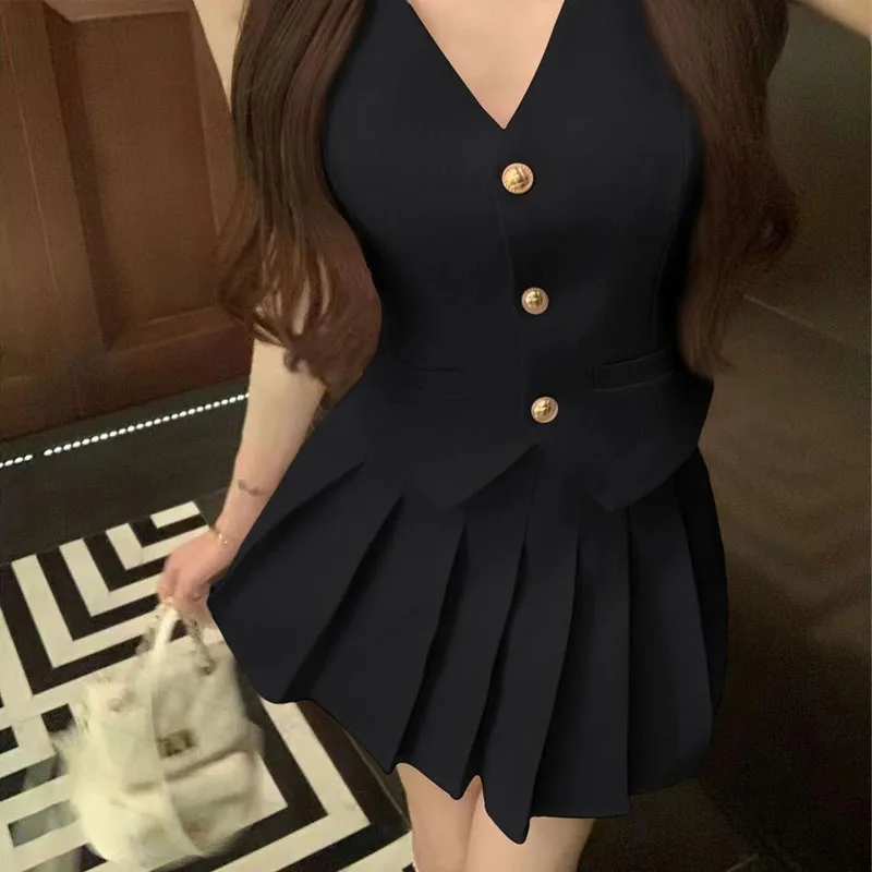 Luxury Temperament Summer Women Single-breasted Vest Short Skirt Mock Pocket Tops Pleats Short Skirt Solid Color Two Piece Set