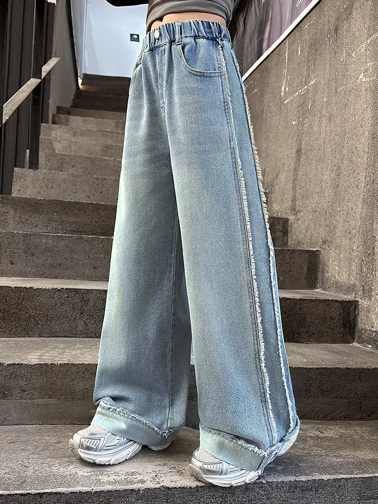 

Girls'Jeans, Trendy Girls' Distressed Jeans - Retro Wide-Leg Denim Pants for Big Kids"Big Girls Long pants