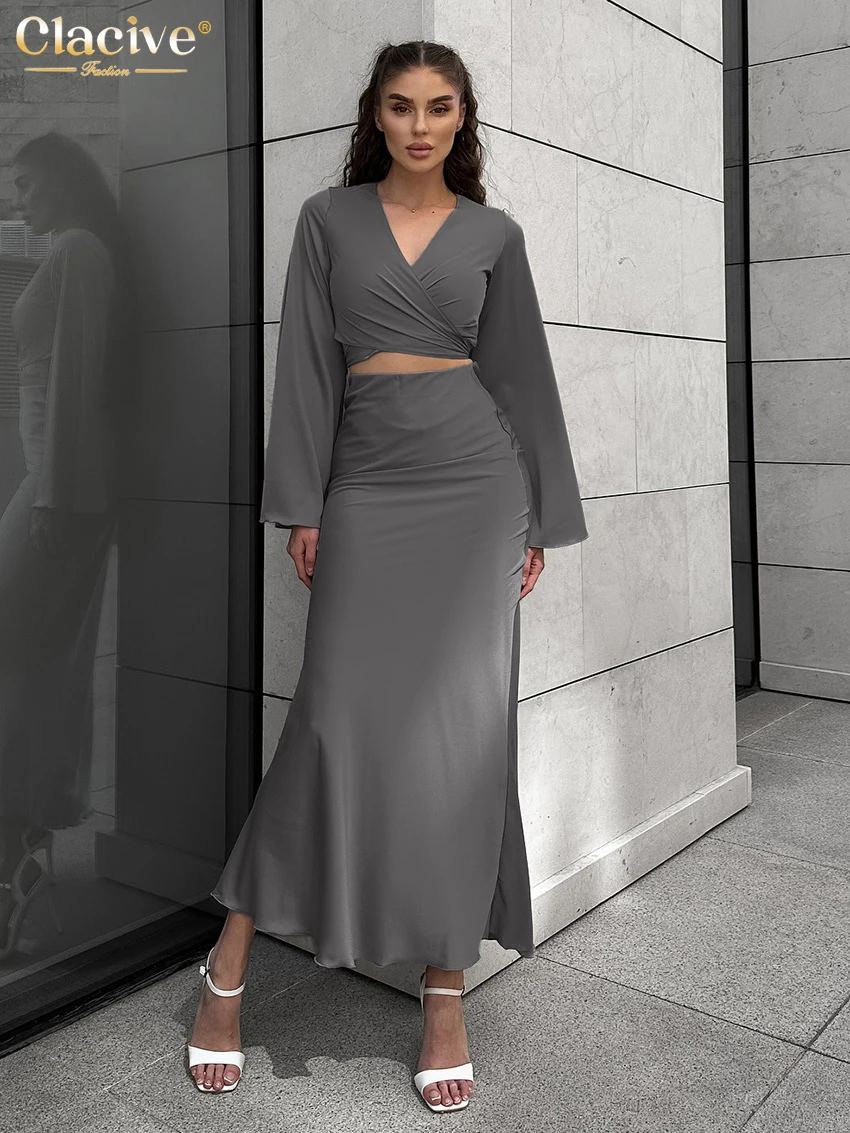 

Clacive Fashion Loose Gray 2 Pieces Set Woman 2026 Sexy Long Sleeve Crop Shirt With High Waist Long Skirt Set Female Clothing