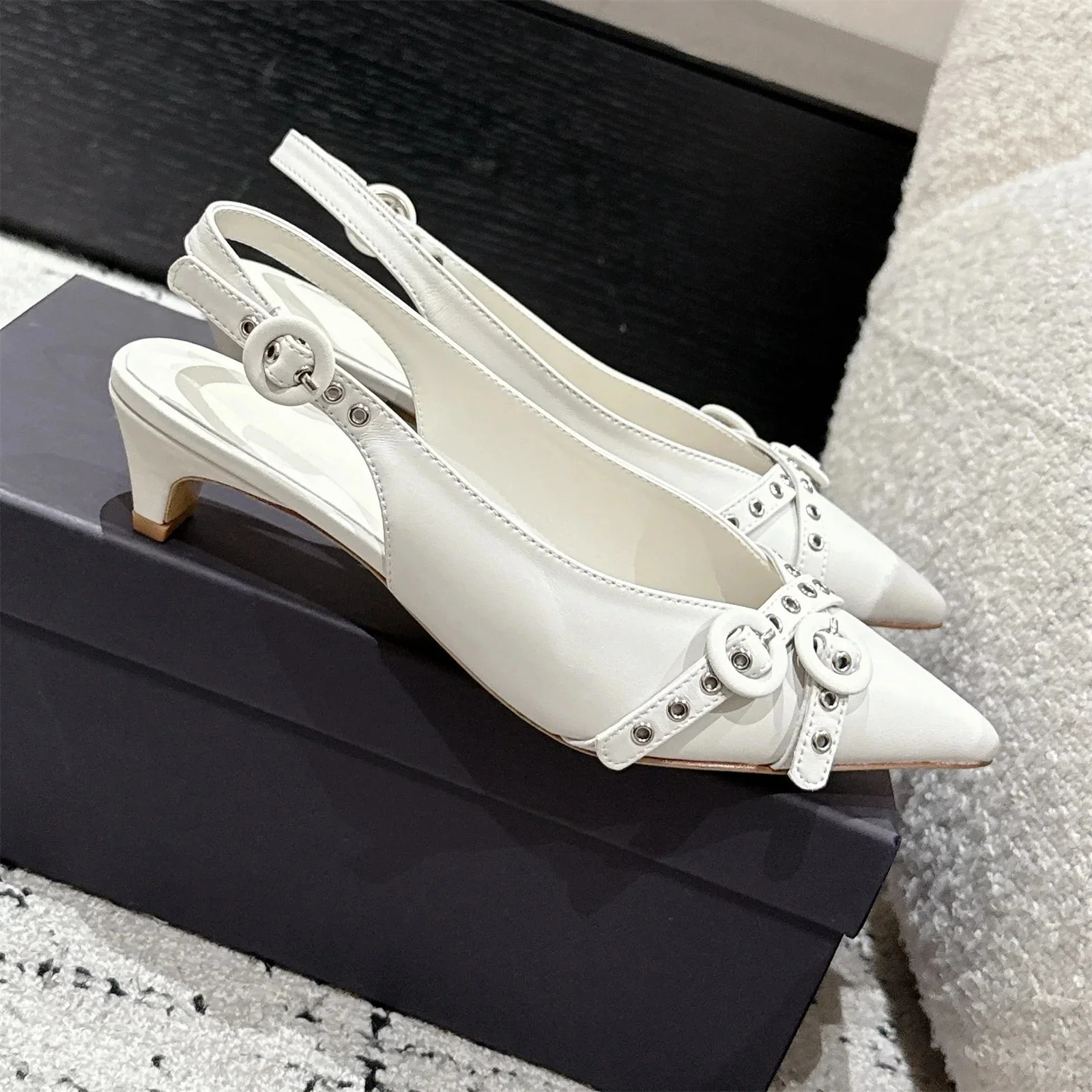 2026 Newest Summer Genuine Leather Pointed-Toe Kitten Heel Slingback Woman Sandals Butterfly-Knot Decora Dress Pumps Botas Mujer view 2