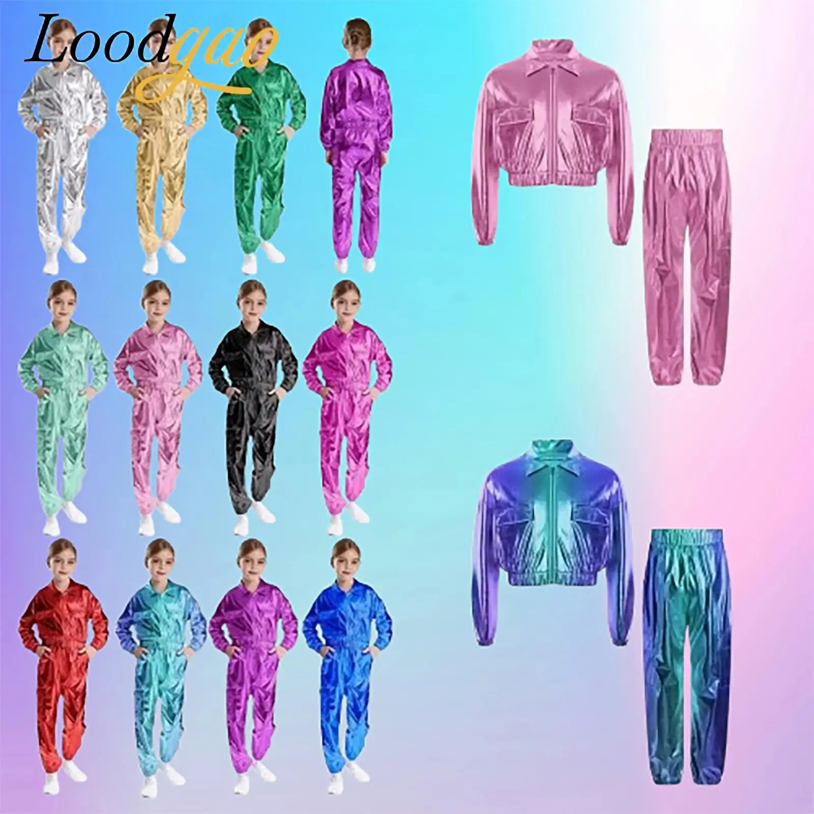 

Fashion Kids Boys Girls Streetwear Outfits Jazz Dance Costumes Children's Street Hip-Hop Clothes Metallic Jacket + Shiny Pants