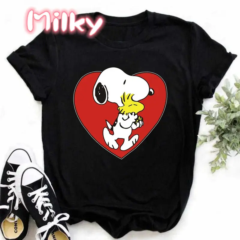 T-shirt de manga curta com padrão de cães para senhoras, camiseta fofa feminina, pintura Snoopy animal print, top casual para verão, camisetas femininas, 2024