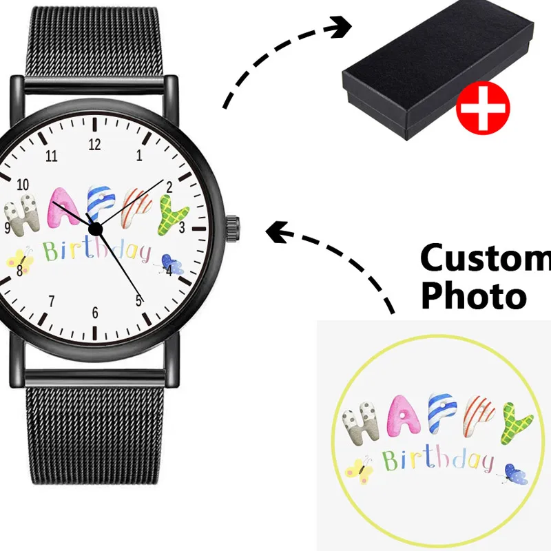 Montre à quartz avec bracelet en maille d'acier inoxydable pour hommes et femmes, cadran ultra-fin, cadeau personnalisé avec photo et logo, à la mode